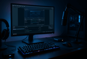 Gaming-Streamer-Setup mit 240 Hz-Monitor, OBS-Ansicht, Capture-Card und kühler RGB-Beleuchtung im 16:9-Format.