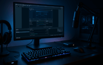 Gaming-Streamer-Setup mit 240 Hz-Monitor, OBS-Ansicht, Capture-Card und kühler RGB-Beleuchtung im 16:9-Format.