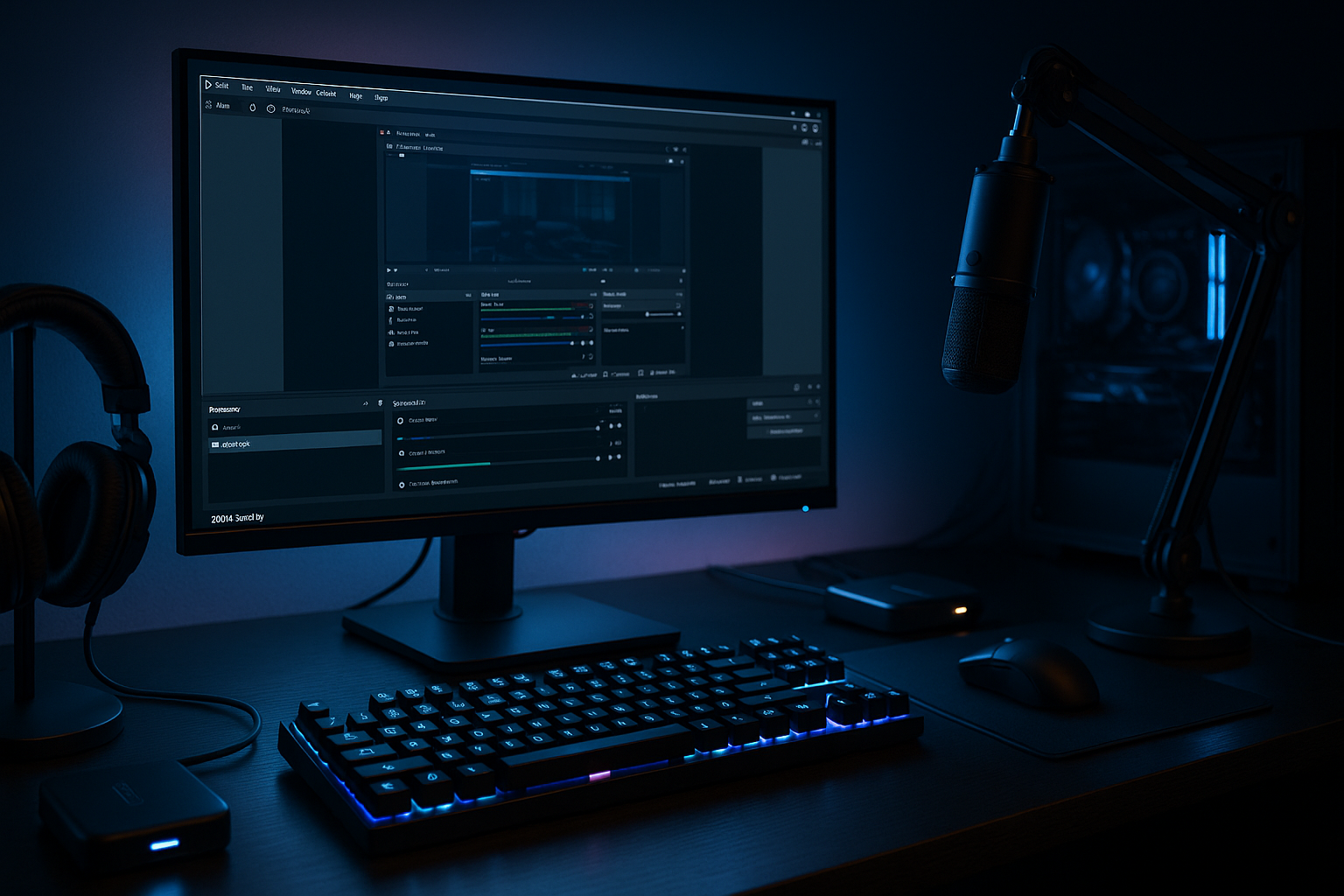 Gaming-Streamer-Setup mit 240 Hz-Monitor, OBS-Ansicht, Capture-Card und kühler RGB-Beleuchtung im 16:9-Format.