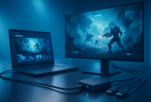 Futuristisches Streaming-Setup mit Laptop, Capture Card, HDMI-Kabeln und Cloud-Gaming-Szene.