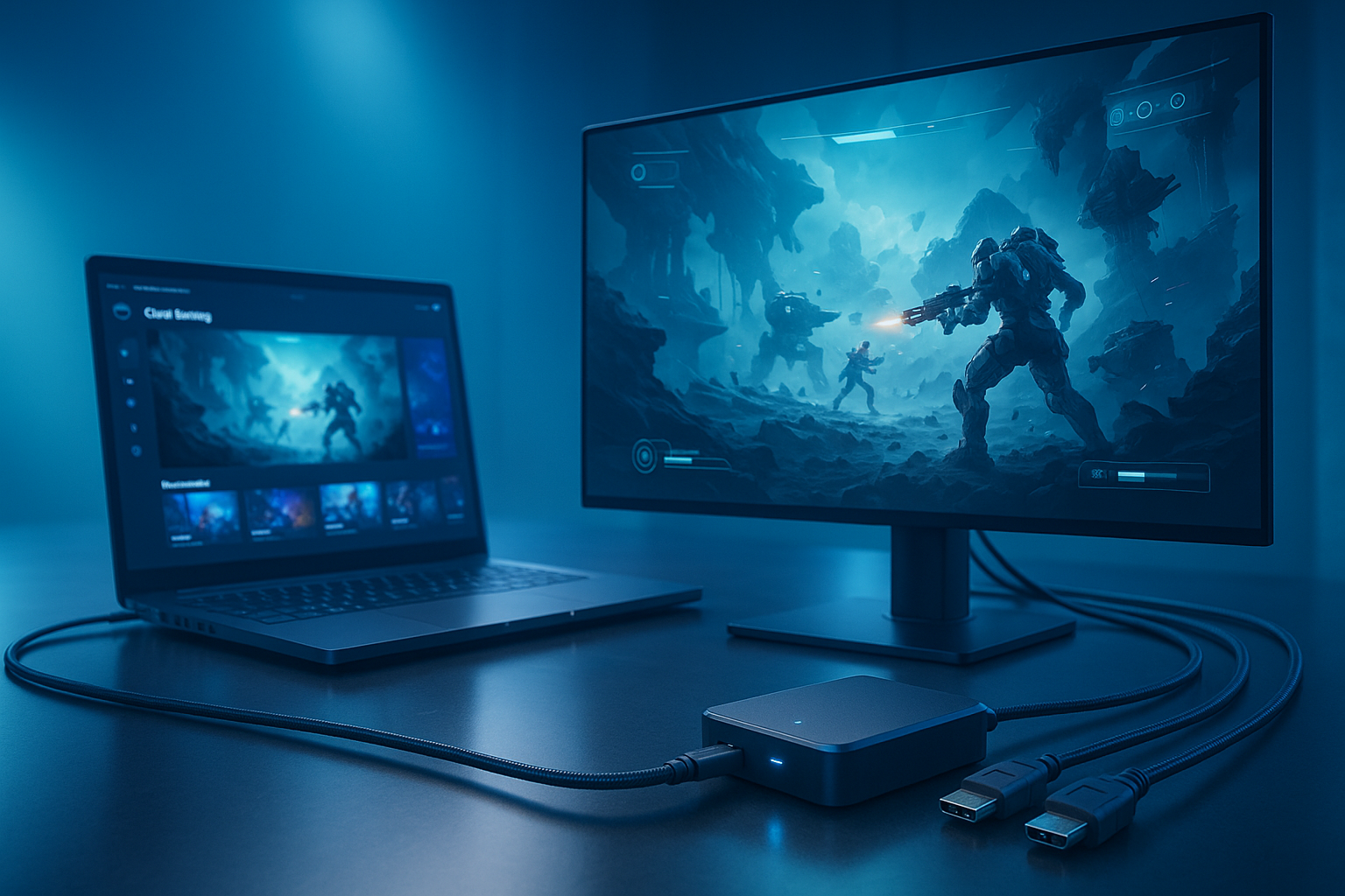 Futuristisches Streaming-Setup mit Laptop, Capture Card, HDMI-Kabeln und Cloud-Gaming-Szene.