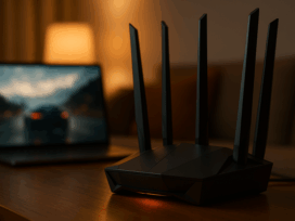 Gaming-Router mit mehreren Antennen, unscharfer Laptop mit Cloud-Gaming, warme Wohnzimmerbeleuchtung