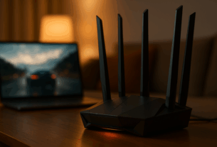 Gaming-Router mit mehreren Antennen, unscharfer Laptop mit Cloud-Gaming, warme Wohnzimmerbeleuchtung