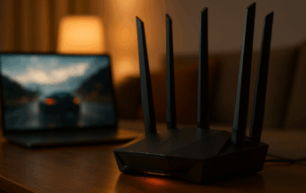Gaming-Router mit mehreren Antennen, unscharfer Laptop mit Cloud-Gaming, warme Wohnzimmerbeleuchtung