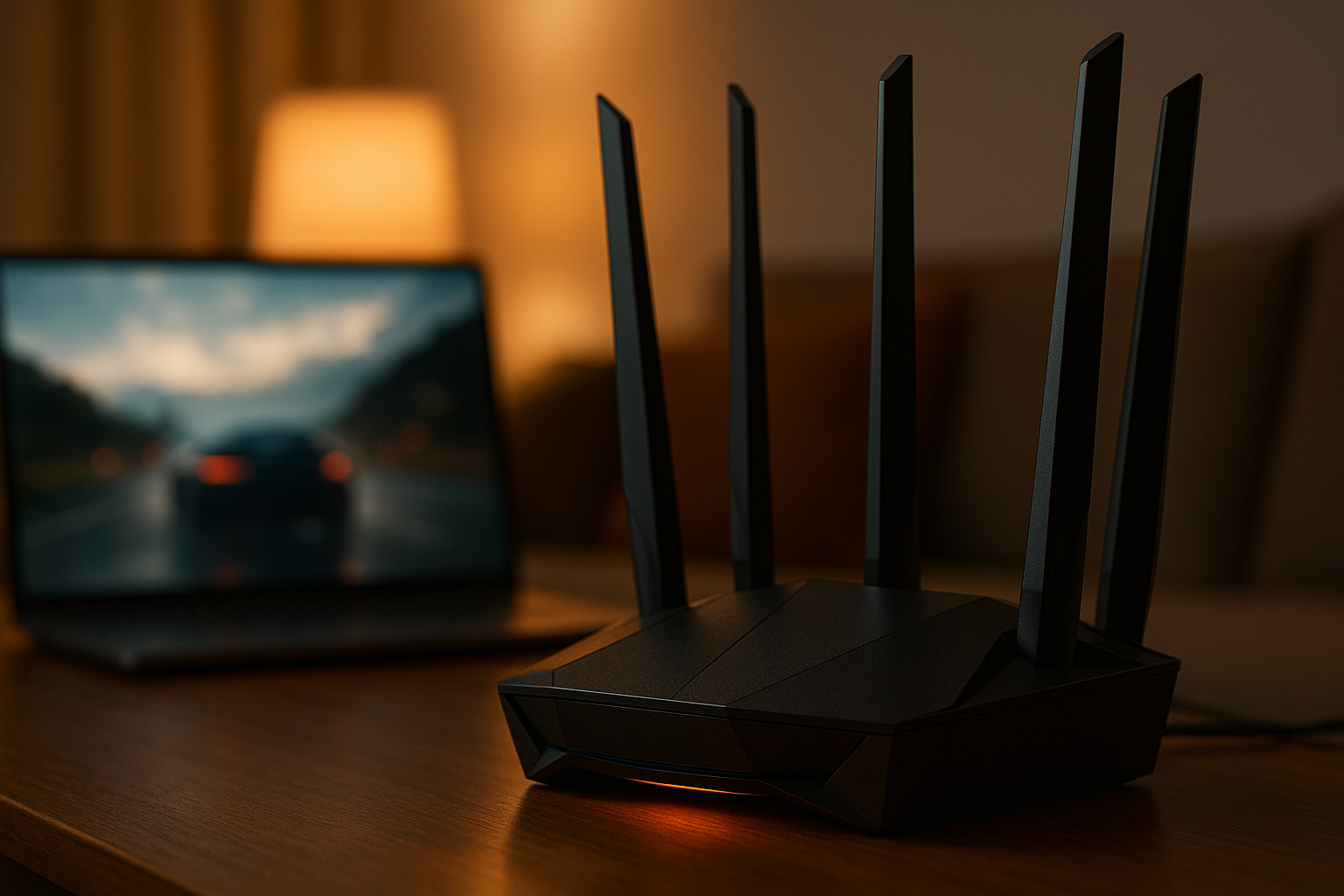 Gaming-Router mit mehreren Antennen, unscharfer Laptop mit Cloud-Gaming, warme Wohnzimmerbeleuchtung