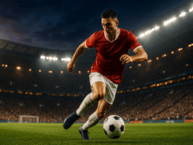 Fußballspieler sprintet im Dämmerlicht über den Rasen, Ball am Fuß, modernes Stadion mit hellen Flutlichtern und vollen Tribünen.