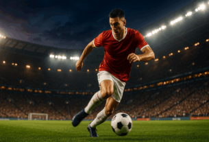 Fußballspieler sprintet im Dämmerlicht über den Rasen, Ball am Fuß, modernes Stadion mit hellen Flutlichtern und vollen Tribünen.