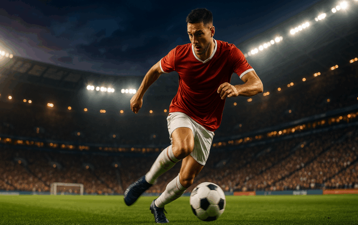 Fußballspieler sprintet im Dämmerlicht über den Rasen, Ball am Fuß, modernes Stadion mit hellen Flutlichtern und vollen Tribünen.