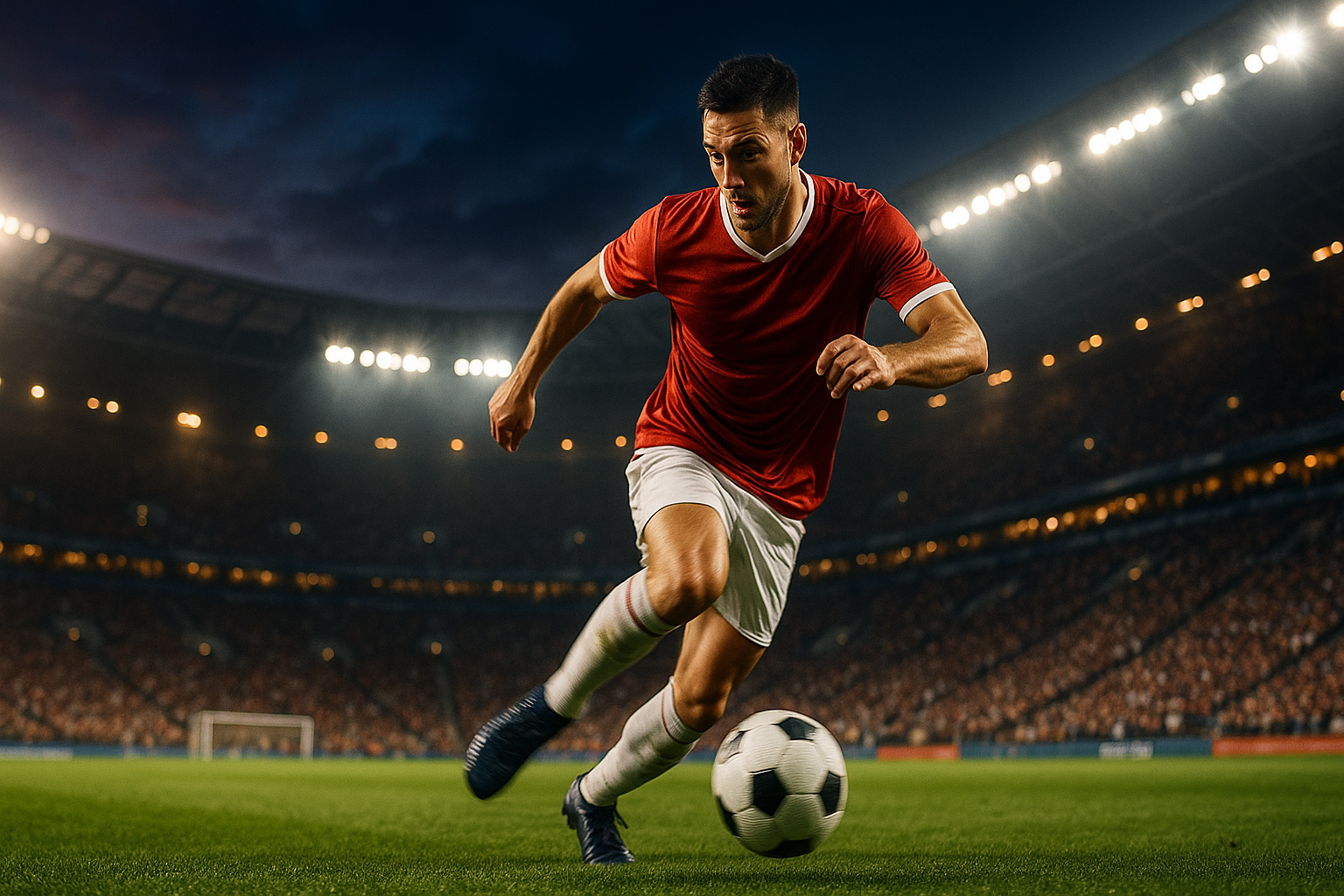 Fußballspieler sprintet im Dämmerlicht über den Rasen, Ball am Fuß, modernes Stadion mit hellen Flutlichtern und vollen Tribünen.