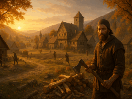 Mittelalterliches Dorf im Herbst mit Fachwerk und Bauern; vorn Spielcharakter mit Axt im goldenen Sonnenuntergang