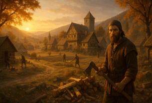 Mittelalterliches Dorf im Herbst mit Fachwerk und Bauern; vorn Spielcharakter mit Axt im goldenen Sonnenuntergang