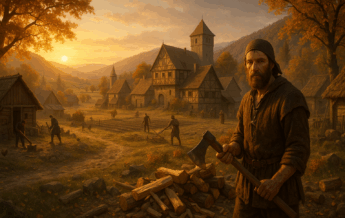 Mittelalterliches Dorf im Herbst mit Fachwerk und Bauern; vorn Spielcharakter mit Axt im goldenen Sonnenuntergang