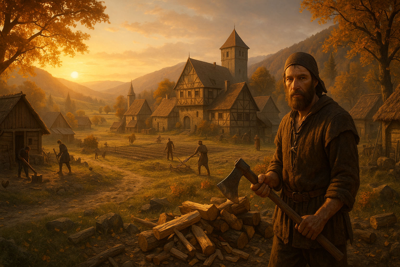 Mittelalterliches Dorf im Herbst mit Fachwerk und Bauern; vorn Spielcharakter mit Axt im goldenen Sonnenuntergang
