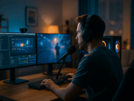 Streamer am Schreibtisch vor Dual-Monitoren; OBS Studio, Webcam und RGB-PC in deutscher Wohnzimmeratmosphäre.