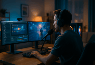 Streamer am Schreibtisch vor Dual-Monitoren; OBS Studio, Webcam und RGB-PC in deutscher Wohnzimmeratmosphäre.