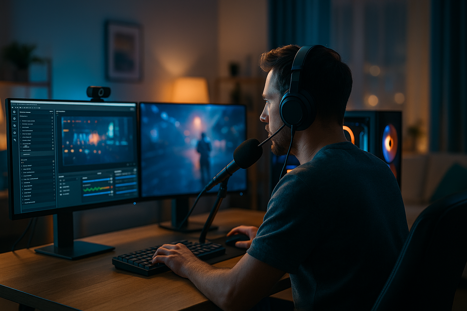 Streamer am Schreibtisch vor Dual-Monitoren; OBS Studio, Webcam und RGB-PC in deutscher Wohnzimmeratmosphäre.