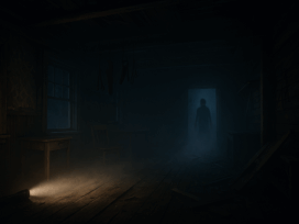 Düstere verlassene Holzhütte bei Nacht; Taschenlampenstrahl im Nebel, geisterhafte Silhouette in der Tür; ultrarealistisch