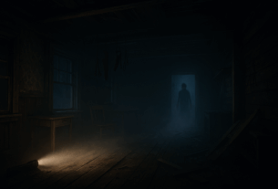 Düstere verlassene Holzhütte bei Nacht; Taschenlampenstrahl im Nebel, geisterhafte Silhouette in der Tür; ultrarealistisch