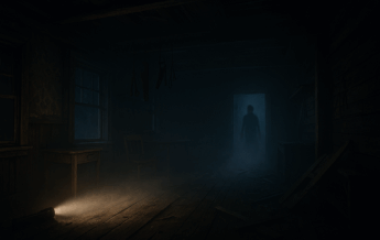 Düstere verlassene Holzhütte bei Nacht; Taschenlampenstrahl im Nebel, geisterhafte Silhouette in der Tür; ultrarealistisch