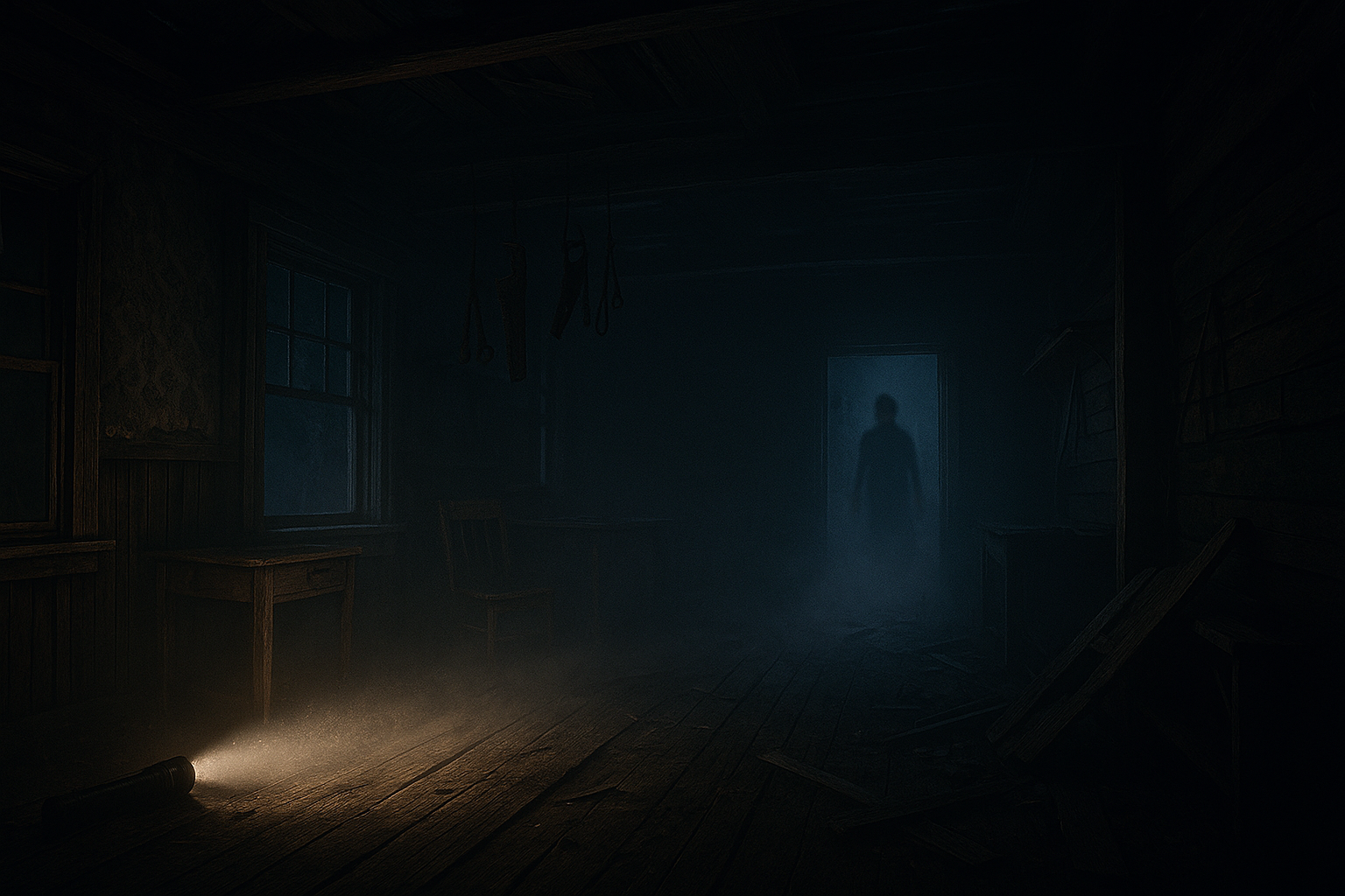 Düstere verlassene Holzhütte bei Nacht; Taschenlampenstrahl im Nebel, geisterhafte Silhouette in der Tür; ultrarealistisch
