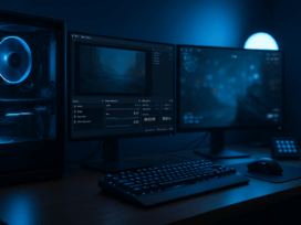 Gaming-Setup mit PC, zwei Monitoren und OBS-Interface in kühlen Blautönen, geringe Tiefenschärfe.