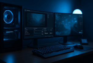 Gaming-Setup mit PC, zwei Monitoren und OBS-Interface in kühlen Blautönen, geringe Tiefenschärfe.