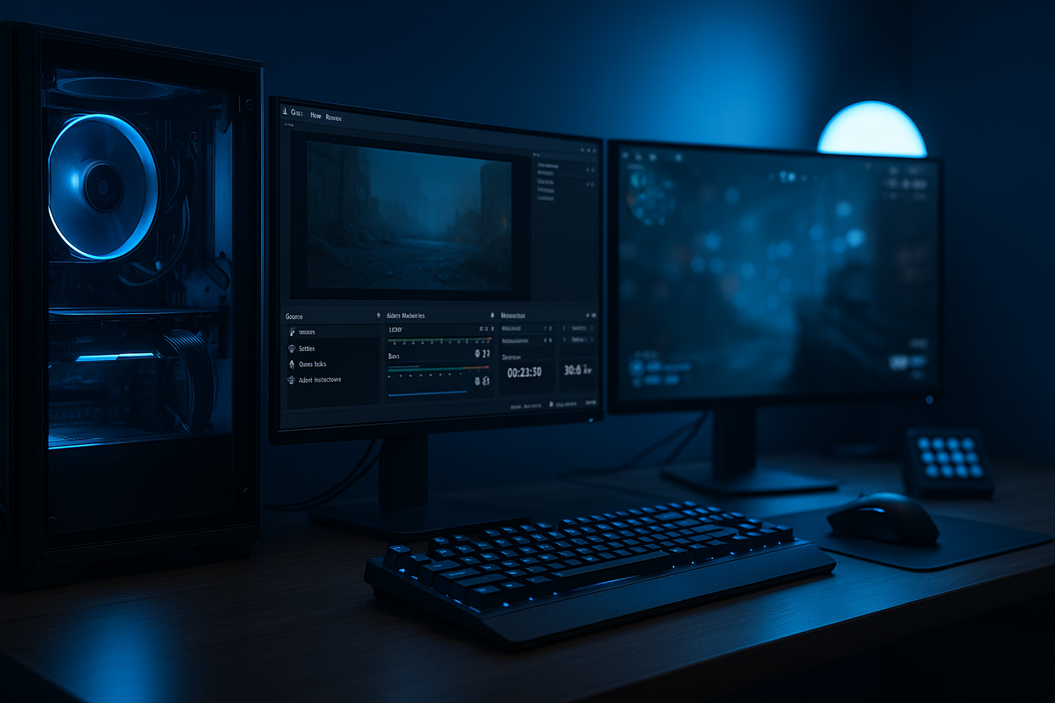 Gaming-Setup mit PC, zwei Monitoren und OBS-Interface in kühlen Blautönen, geringe Tiefenschärfe.