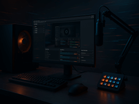 Stream-Schreibtisch mit Monitor samt OBS-Interface, PC-Tower, Mikrofon und Stream-Deck in dunkler, cineastischer Beleuchtung.