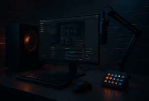Stream-Schreibtisch mit Monitor samt OBS-Interface, PC-Tower, Mikrofon und Stream-Deck in dunkler, cineastischer Beleuchtung.