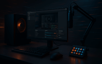 Stream-Schreibtisch mit Monitor samt OBS-Interface, PC-Tower, Mikrofon und Stream-Deck in dunkler, cineastischer Beleuchtung.