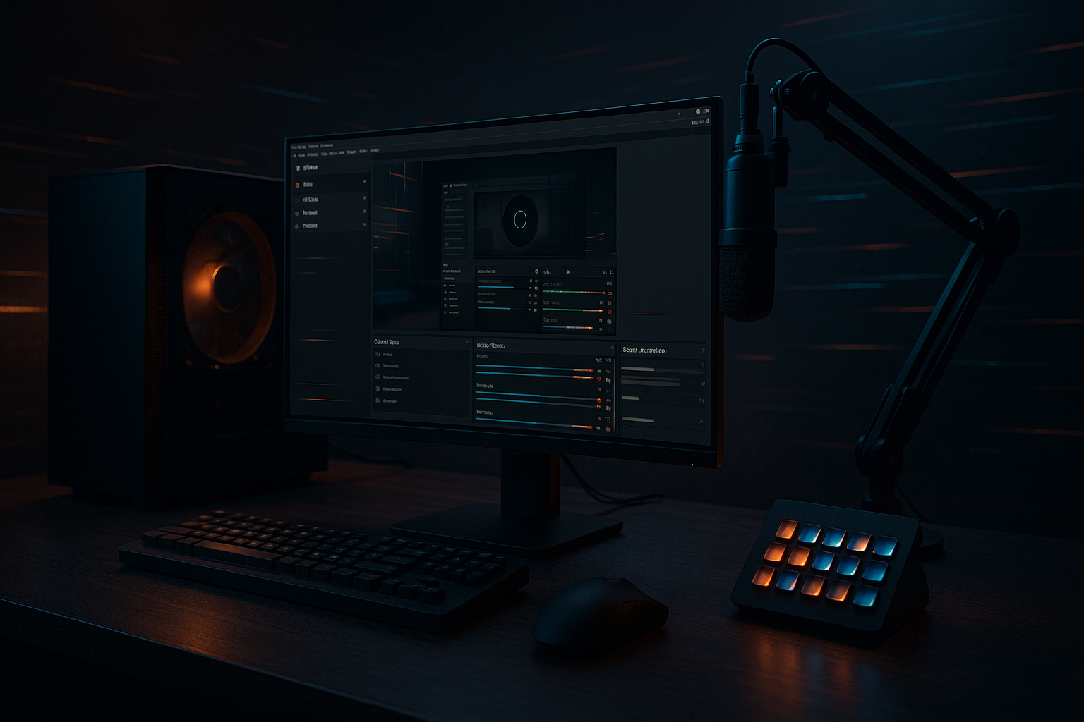 Stream-Schreibtisch mit Monitor samt OBS-Interface, PC-Tower, Mikrofon und Stream-Deck in dunkler, cineastischer Beleuchtung.