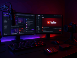 Modernes Streaming-Setup mit zwei Displays, violett-roter Beleuchtung, Großmembran-Mikro am Arm, spiegelloser Kamera, Capture-Card und Stream-Deck.