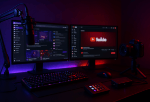 Modernes Streaming-Setup mit zwei Displays, violett-roter Beleuchtung, Großmembran-Mikro am Arm, spiegelloser Kamera, Capture-Card und Stream-Deck.