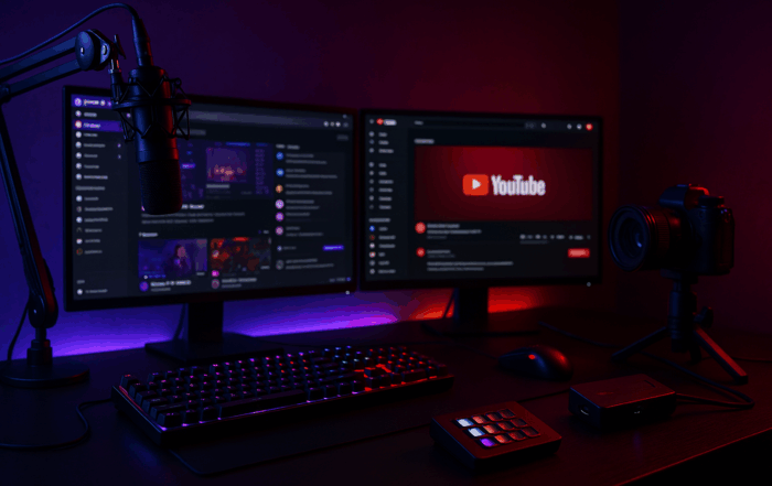 Modernes Streaming-Setup mit zwei Displays, violett-roter Beleuchtung, Großmembran-Mikro am Arm, spiegelloser Kamera, Capture-Card und Stream-Deck.