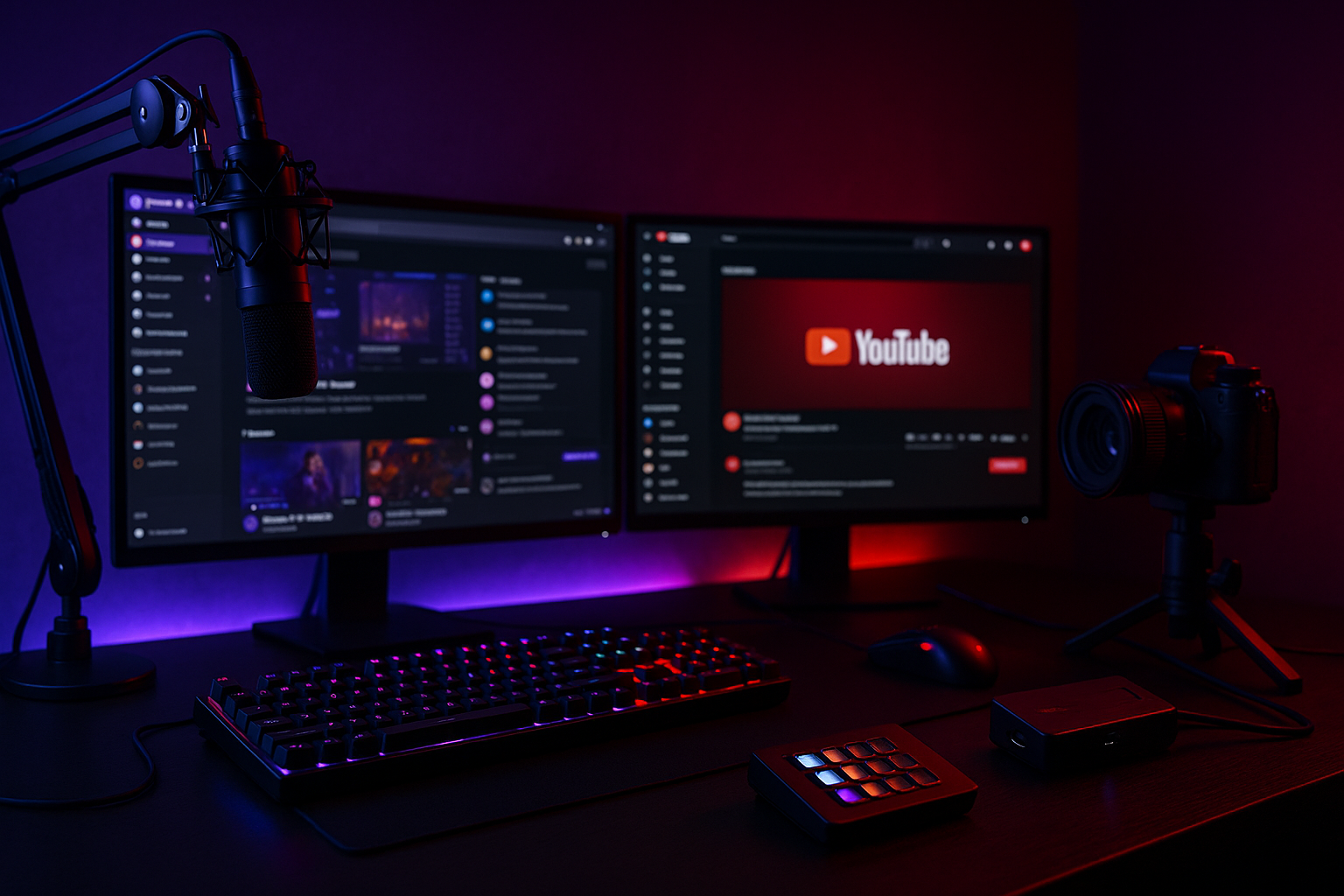 Modernes Streaming-Setup mit zwei Displays, violett-roter Beleuchtung, Großmembran-Mikro am Arm, spiegelloser Kamera, Capture-Card und Stream-Deck.