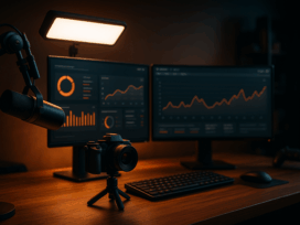 Streaming-Schreibtisch mit Mikrofon, Kamera, Keylight und zwei Monitoren mit Charts auf Holz-Metall-Tisch, warm ausgeleuchtet.