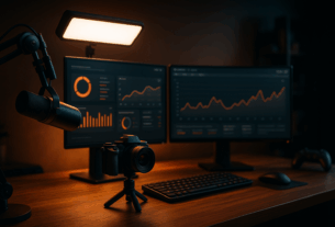Streaming-Schreibtisch mit Mikrofon, Kamera, Keylight und zwei Monitoren mit Charts auf Holz-Metall-Tisch, warm ausgeleuchtet.