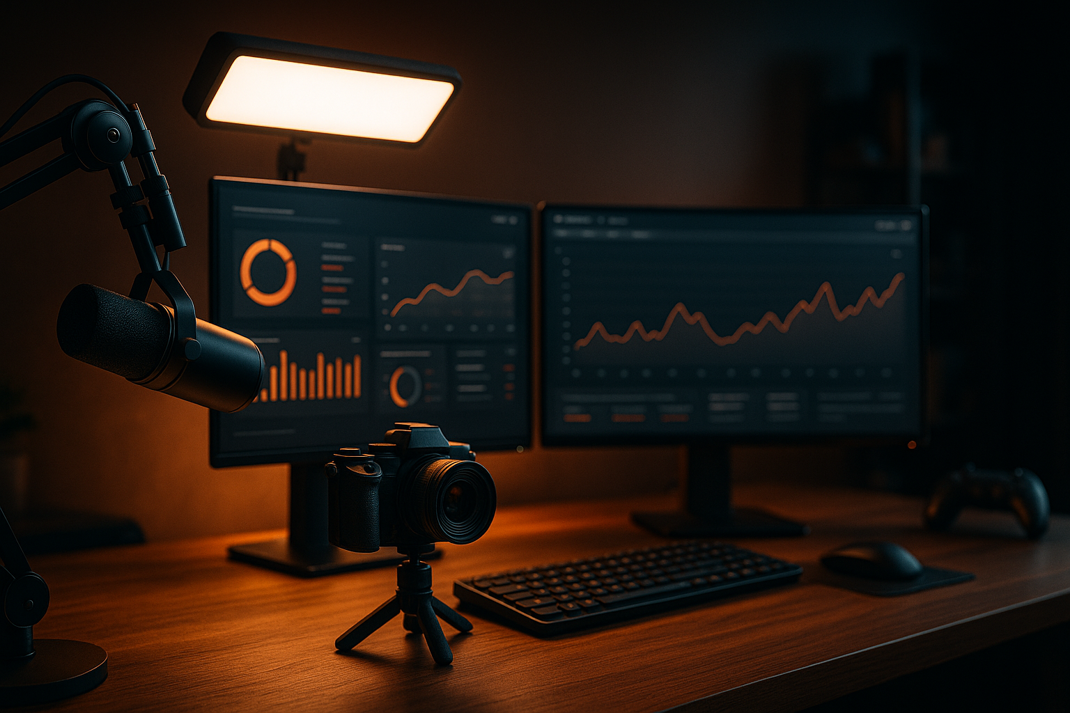 Streaming-Schreibtisch mit Mikrofon, Kamera, Keylight und zwei Monitoren mit Charts auf Holz-Metall-Tisch, warm ausgeleuchtet.