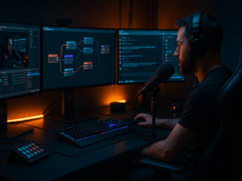 Gaming-Studio mit drei Monitoren, OBS-Panels, Chat und KI-Workflow; Streamer spricht ins Mikrofon, RGB-Beleuchtung und Premium-Peripherie.