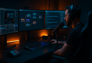 Gaming-Studio mit drei Monitoren, OBS-Panels, Chat und KI-Workflow; Streamer spricht ins Mikrofon, RGB-Beleuchtung und Premium-Peripherie.