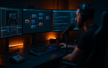 Gaming-Studio mit drei Monitoren, OBS-Panels, Chat und KI-Workflow; Streamer spricht ins Mikrofon, RGB-Beleuchtung und Premium-Peripherie.
