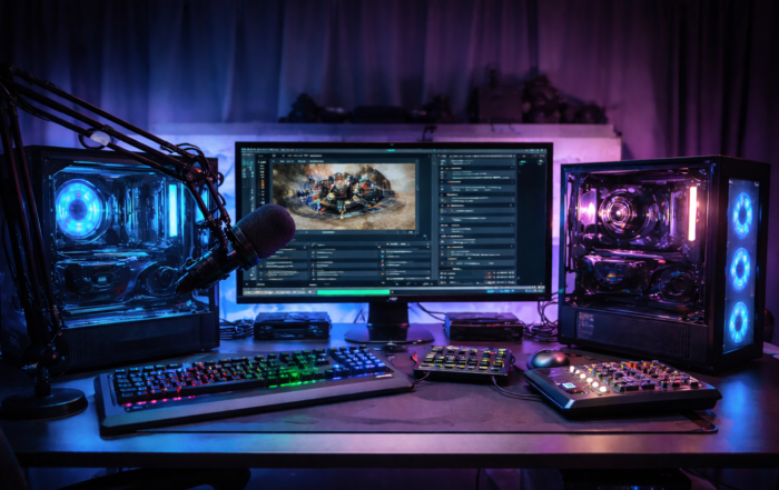 Ultrarealistisches Dual-PC-Streaming-Setup mit zwei PCs, OBS auf dem Monitor und Mikrofon auf dem Schreibtisch.