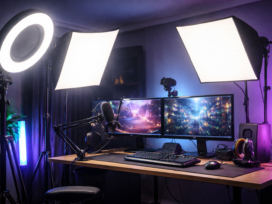 Professionelles Streaming-Setup mit zwei Softboxen, Ringlight, LED-Ambient-Licht, Dual-Monitoren und Mikrofon am Schwenkarm