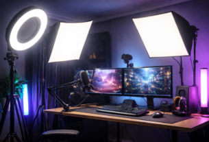 Professionelles Streaming-Setup mit zwei Softboxen, Ringlight, LED-Ambient-Licht, Dual-Monitoren und Mikrofon am Schwenkarm