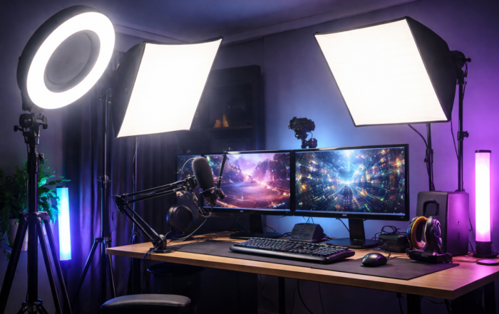 Professionelles Streaming-Setup mit zwei Softboxen, Ringlight, LED-Ambient-Licht, Dual-Monitoren und Mikrofon am Schwenkarm