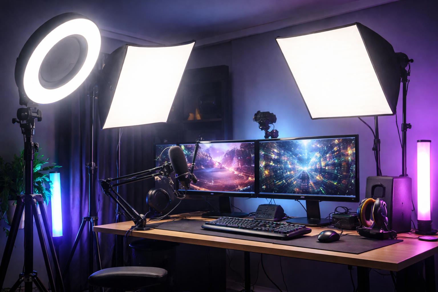Professionelles Streaming-Setup mit zwei Softboxen, Ringlight, LED-Ambient-Licht, Dual-Monitoren und Mikrofon am Schwenkarm